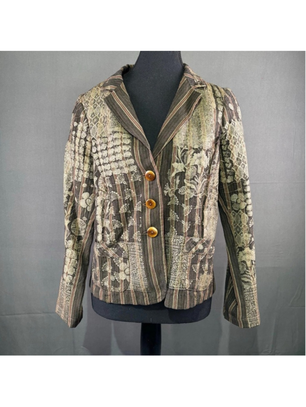 Burning Torch Blazer Women M Patchwork Wool Linen Boho Cottagecore Artwear Brown